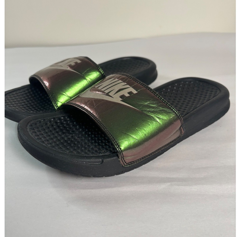 Nike Womens Benassi JDI Slides 6 Iridescent Green Black Logo Slip On Sandals - Picture 2 of 8
